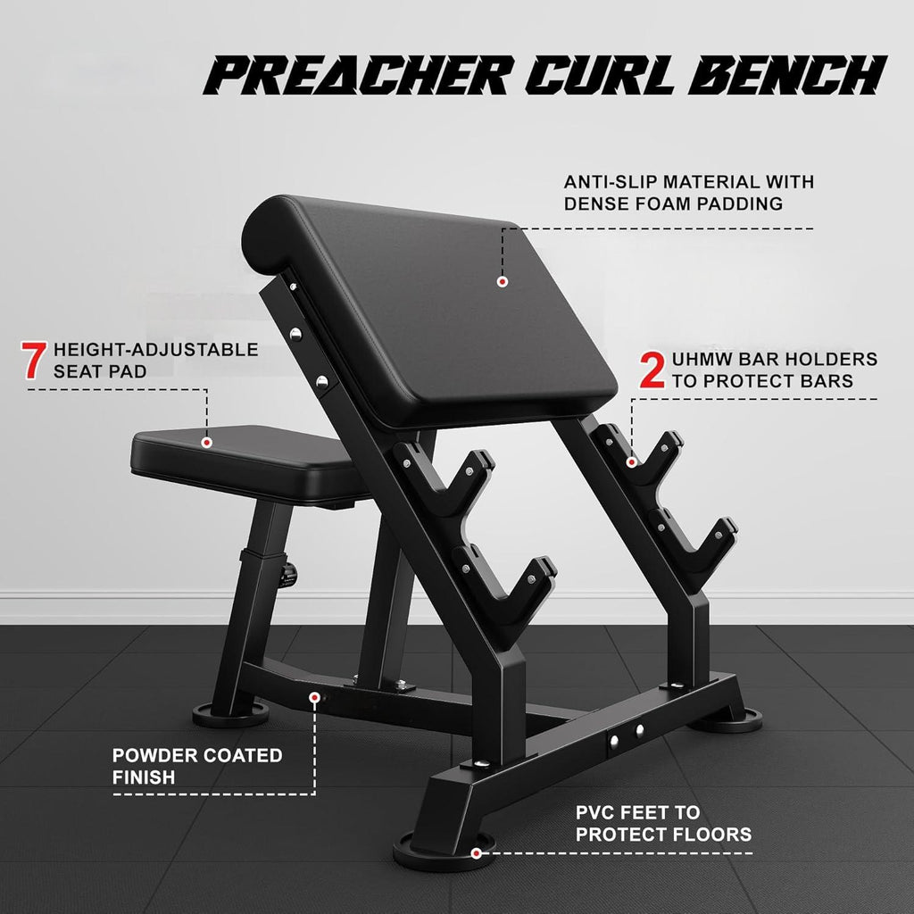 Preacher Curl Bench, Bicep Curl Machine with 70 LBS and Olympic Barbel ...